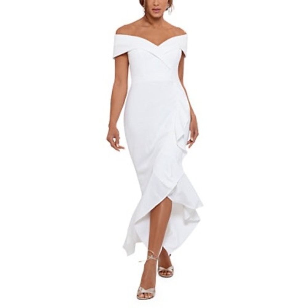 XSCAPE Princess Off Shoulder Ruffle High Low Midi Dress Gown White Size 2